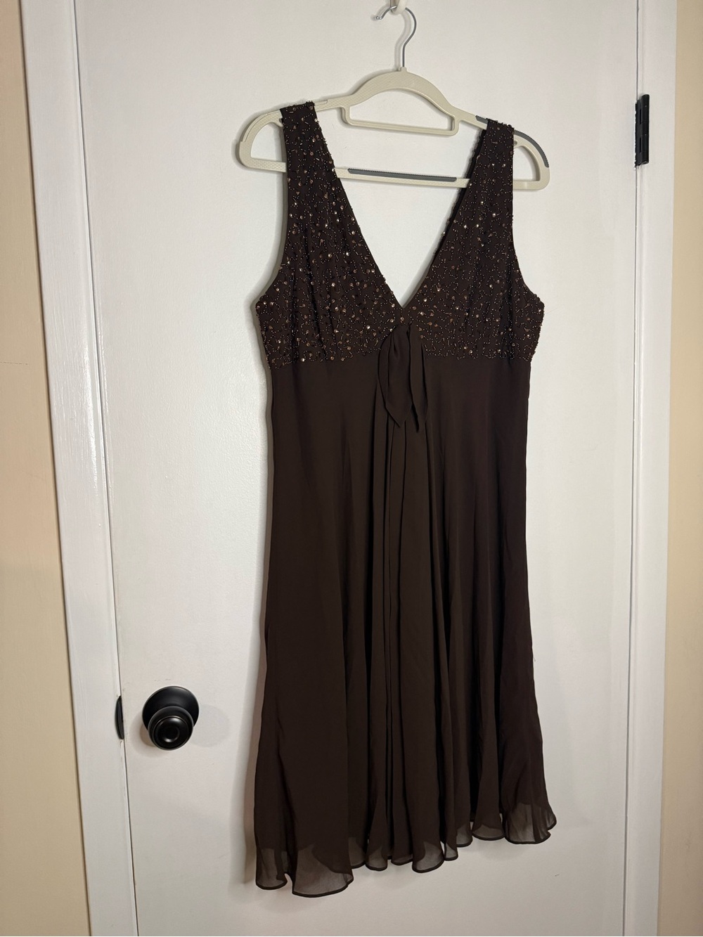 Vintage Beaded V-Neck Brown Midi Dress